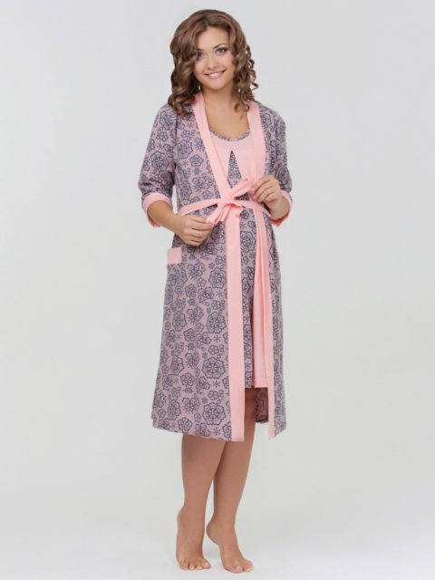Комплект для роддома халат и сорочка для беременных и кормящих мам Nataly розовый, lovely mammy image 1