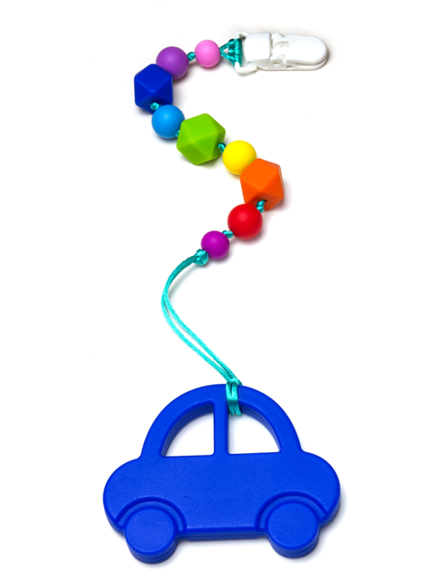 Силиконовый грызунок Машинка синяя на радужном держателе Image1, прорезыватели для зубов