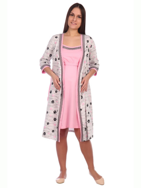 Комплект халат и сорочка для беременных и кормящих с кружевом, меланж/розовый, image2