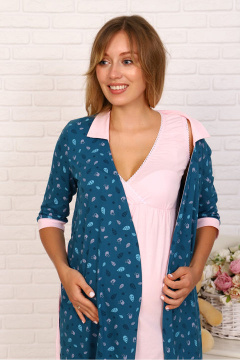 Комплект в роддом халат и сорочка Птички/розовый для беременных и кормящих Комплект в роддом халат и сорочка Птички/розовый для беременных и кормящих