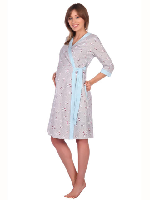 Комплект в роддом халат и сорочка Мишки серый/голубой для беременных и кормящих