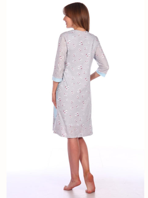 Комплект в роддом халат и сорочка Мишки серый/голубой для беременных и кормящих