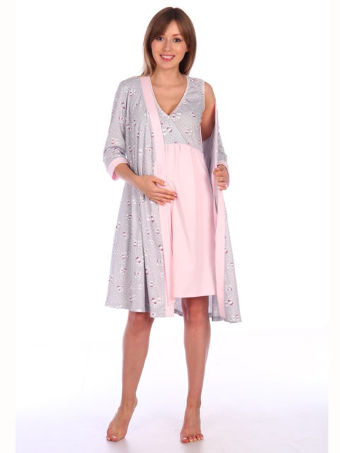 Комплект в роддом халат и сорочка Мишки серый/розовый для беременных и кормящих