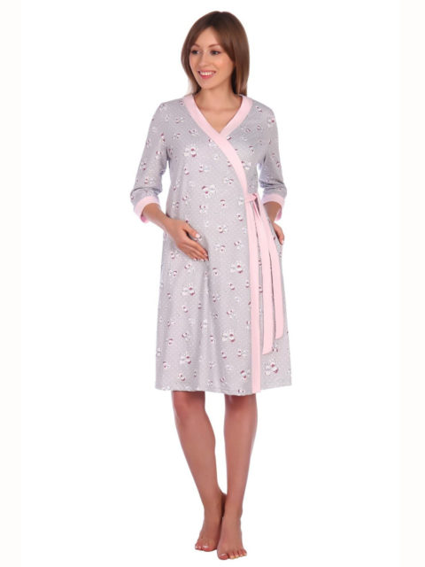 Комплект в роддом халат и сорочка Мишки серый/розовый для беременных и кормящих