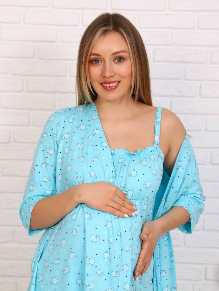 Комплект в роддом халат и сорочка Барашки/голубой для беременных и кормящих — изображение 3