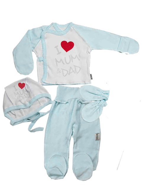 Комплект одежды для новорожденных 4 предмета I love, молочный/голубой