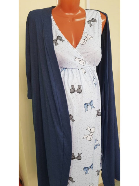 Комплект в роддом халат и сорочка Индиго/бантики для беременных и кормящих