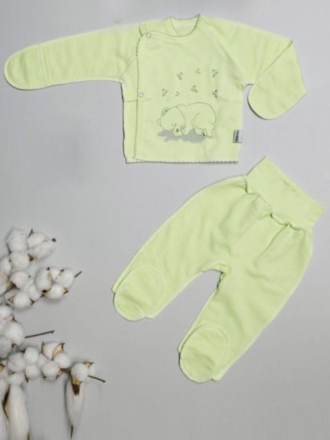 Теплый комплект одежды для новорожденных 2 предмета Сонный мишка, салатовый