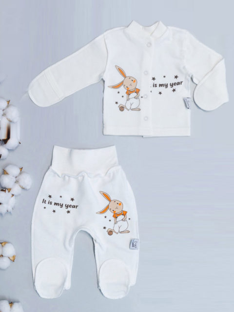 Теплый комплект одежды для новорожденных 2 предмета Зайка-318, молочный