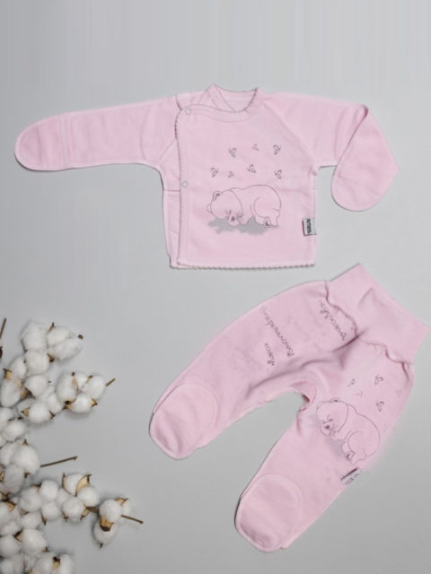 Теплый комплект одежды для новорожденных 2 предмета Сонный мишка, розовый