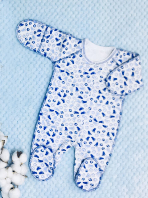Комбинезон-слип для новорожденных теплый, Лапки голубой
