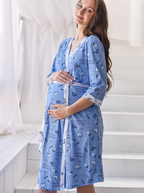 Комплект в роддом халат и сорочка для беременных и кормящих Скоро мама, темно-голубой